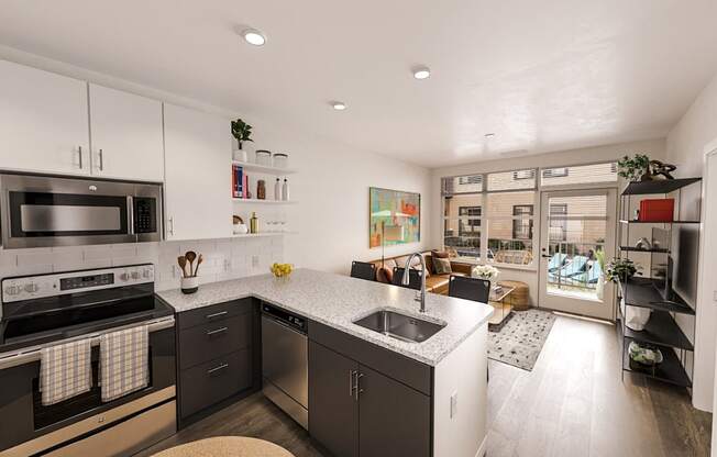 a kitchen with a large counter top and a sink