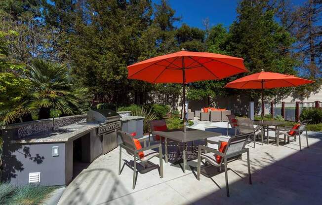 Dog-Friendly Apartments in Campbell, CA- Parc at Pruneyard- Grilling Station with Umbrella Seating Area and Landscaping