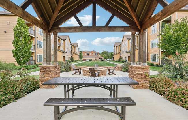 the outlook of a patio with a picnic table