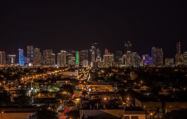 City view at night outside a Miami Florida apartment.
