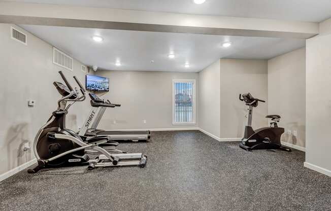 A spacious home gym with a television and exercise equipment.