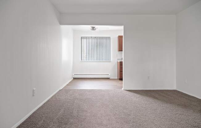 a living room with white walls and carpet and a window