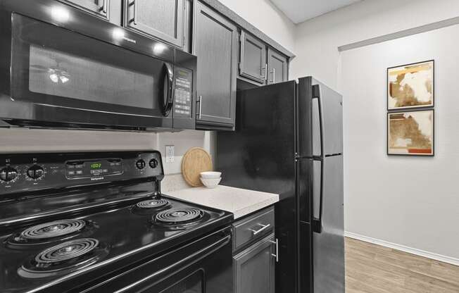 a kitchen with black appliances and black refrigerator