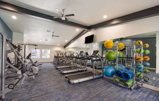 Gym with weights and cardio equipment and a ceiling fan at 2900 Lux Apartment Homes, Nevada