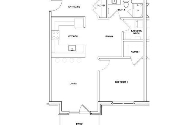 Cornet 1 Bed 1 Bath Floor Plan at River Point West Apartments, Elkhart, IN
