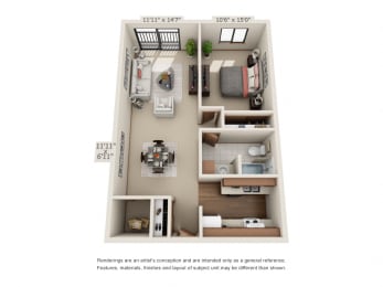 1 Bedroom Floor Plan at Creek Point Apartments, Hopkins, 55343