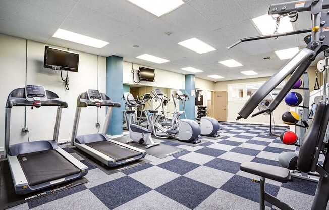 A gym with treadmills, weights, and exercise equipment.