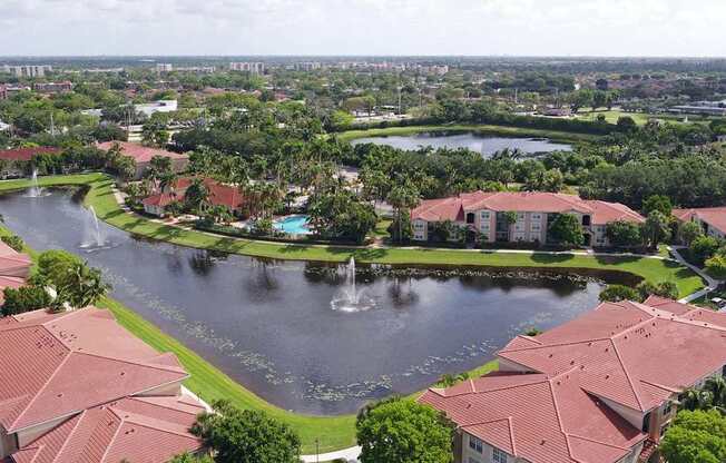A large body of water surrounded by buildings.