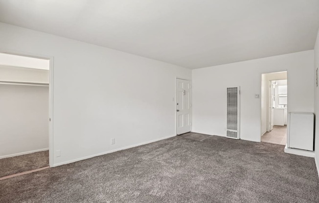 A large empty room with a grey carpet.