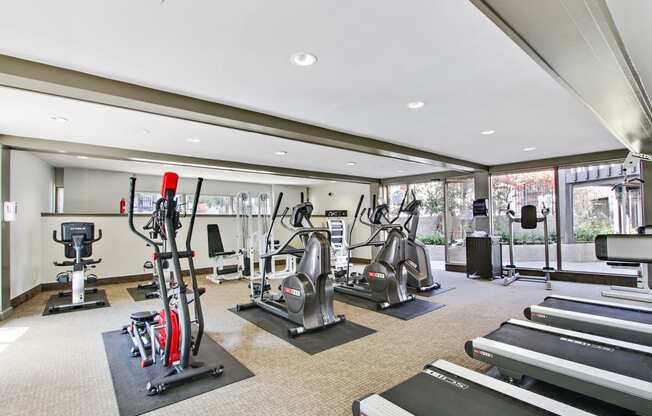 State-of-the-art fitness center with Cardio equipment including treadmills, Rowing machines, elliptical trainers, Stationary bicycle,  carpet flooring