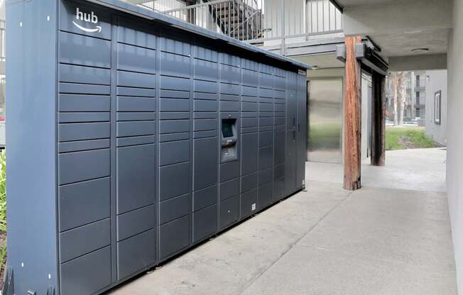 A large dark blue Amazon storage unit