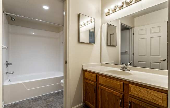 a bathroom with a sink and a shower and a mirror at Pheasant Run in Lafayette, IN 47909