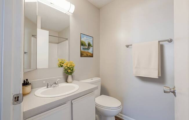 A white bathroom with a toilet, sink, and a mirror.
