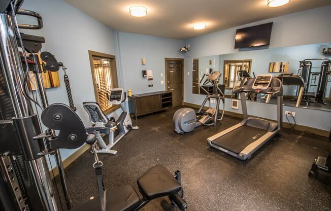 a gym with weights and cardio equipment at the village apartments