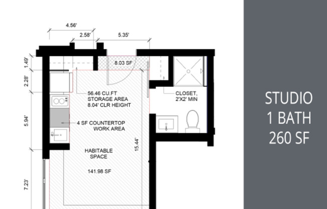 Studio, 1 bath, 259 sqft, $1,295, Unit 302