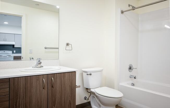 a bathroom with a toilet sink and shower and a mirror