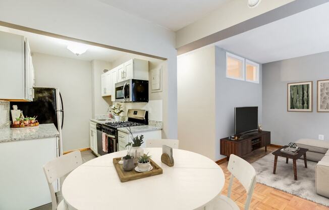 One-bedroom apartment living area (virtually staged) at The York and Potomac Park, Washington