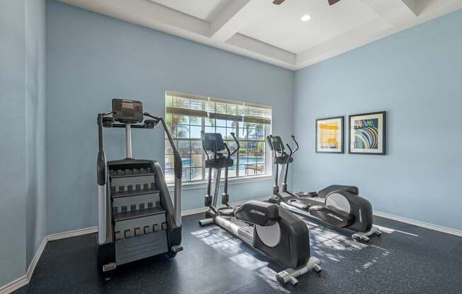 A home gym with a treadmill, elliptical trainer and a stair climber.