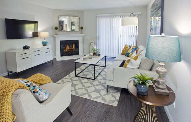 large living room with fireplace and patio at Club Pacifica, Benicia, CA