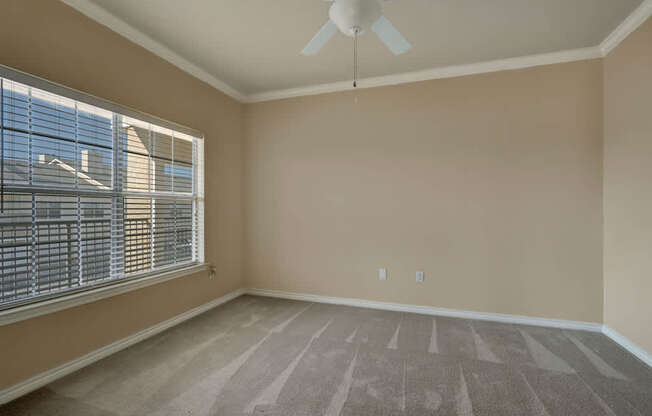 A bright bedroom here at Mission Green featuring neutral beige walls, plush carpet flooring with visible vacuum lines, a ceiling fan with overhead light, and a wide window with blinds that allows ample natural light to fill the room, offering a clean and flexible layout for bedroom furniture placement.