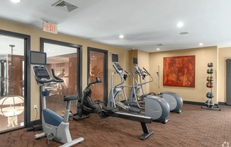 A gym with a variety of equipment including treadmills, stationary bikes, and weight machines.