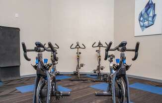 A room with exercise bikes and a painting on the wall.