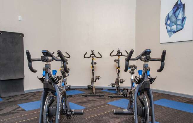 A room with exercise bikes and a painting on the wall.