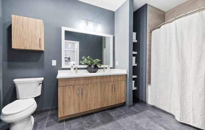 a bathroom with a toilet sink and shower and a mirror