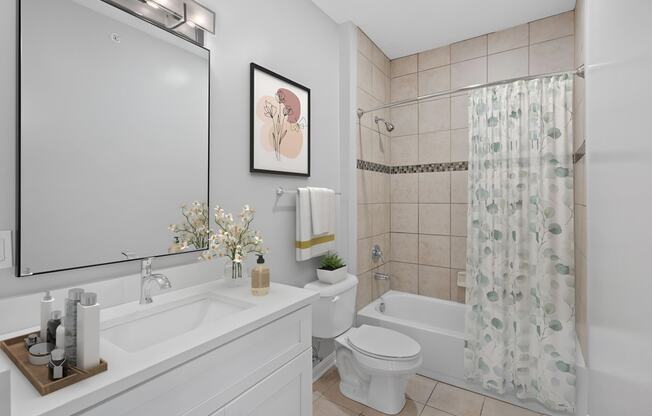 a white bathroom with a shower toilet and sink