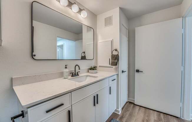 A bathroom with a sink, mirror, and cabinets.