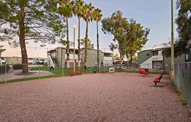 A park with benches and palm trees.