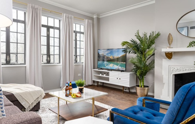 Trendy Living Room at Park Heights by the Lake Apartments, Chicago, IL, 60649