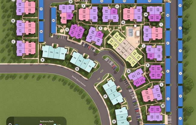 a site plan of a campus with pink buildings and a green field