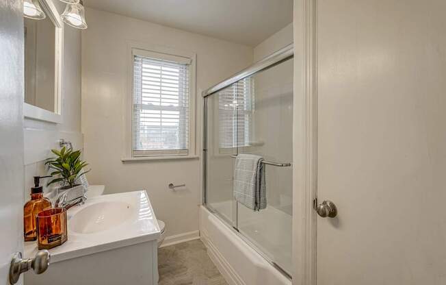 A bathroom with a white sink and a glass shower door.
