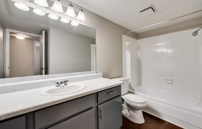 A bathroom with a sink, mirror, toilet and bathtub.