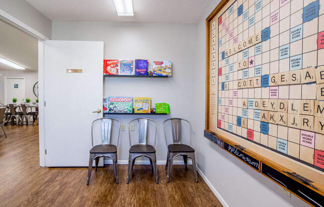 game room with life-size scrabble 