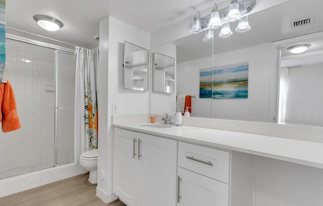A bathroom with a white counter and a white sink.
