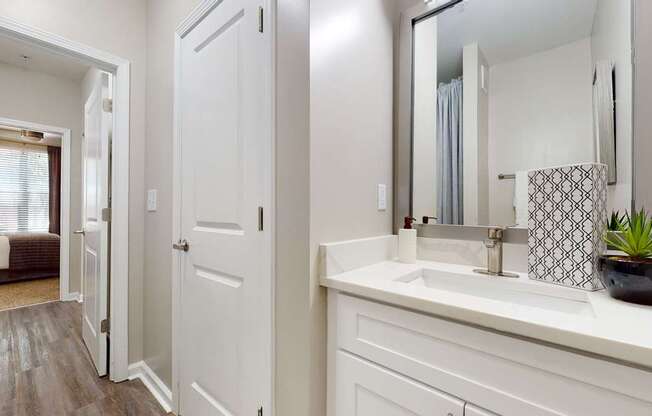 A bathroom with a white sink and a mirror.