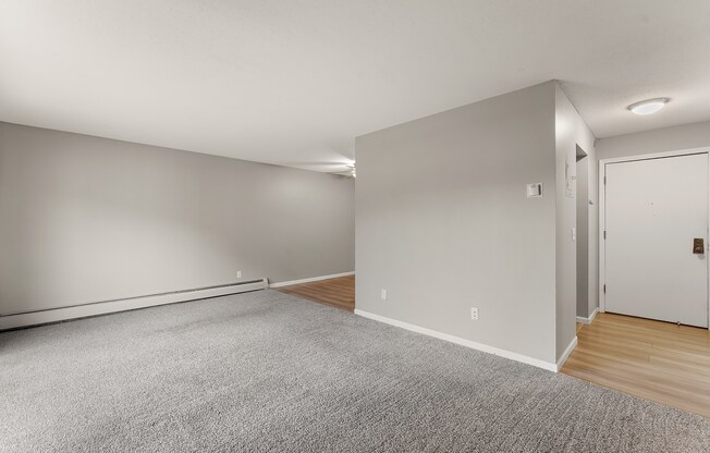 A room with a carpeted floor and a white door.