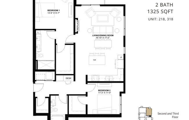 2 beds, 2 baths, 1,325 sqft, $3,395, Unit 218