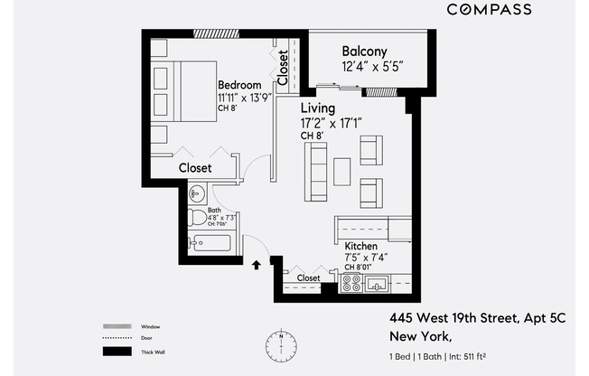 1 bed, 1 bath, 550 sqft, $5,900, Unit 5C