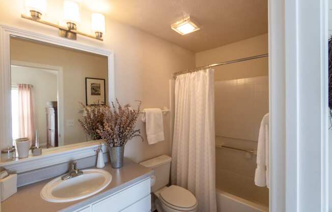 This is a photo of the bathroom  in the 1016 square foot, 2 bedroom, 2 bath Nautica floor plan at Nantucket Apartments in Loveland, OH.