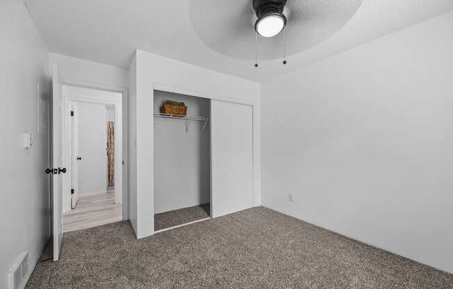 the living room of an apartment with a carpeted floor and a closet