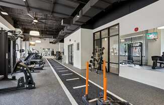 A gym with a variety of equipment including treadmills, weights, and exercise machines.