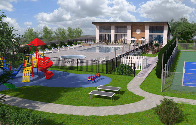 A playground with a red slide and a basketball court.