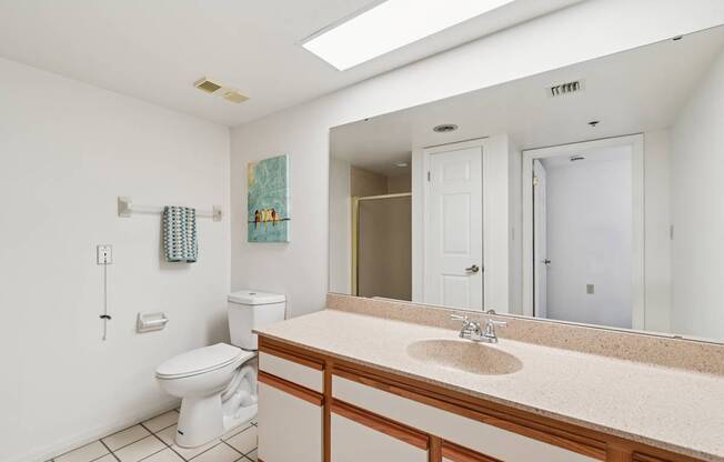 A bathroom with a toilet, sink, and mirror at Hampton Apartments, Florida