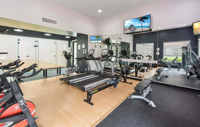 A gym with treadmills, exercise bikes, and other equipment.