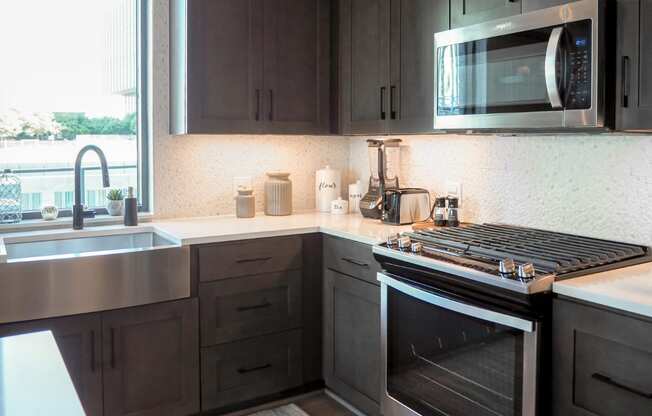 3 bedroom model kitchen with stainless steel appliances, quartz countertops, and a window at The Hamilton apartments in Dallas, TX