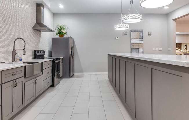 A modern kitchen with a grey color scheme and a large island.