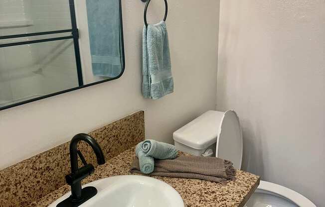 A bathroom with a sink, toilet, and mirror at Willow Tree Apartments, California, 90505